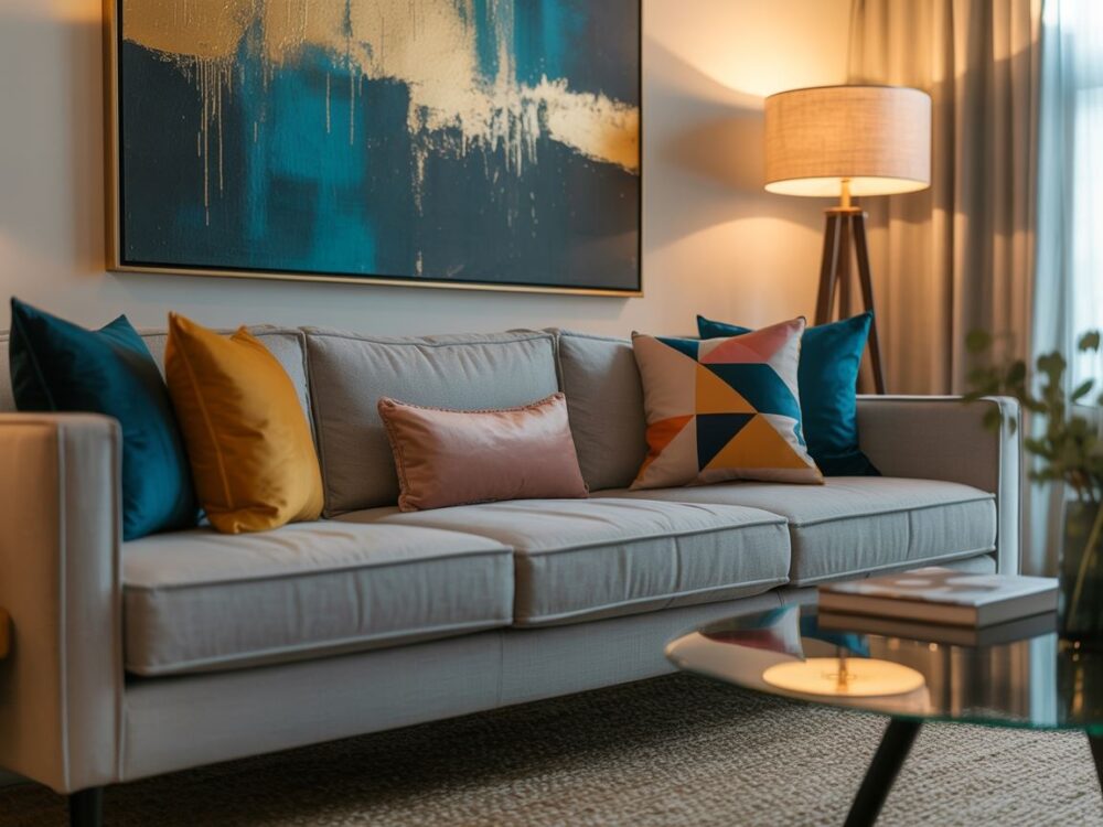 aranżacja szarej kanapy