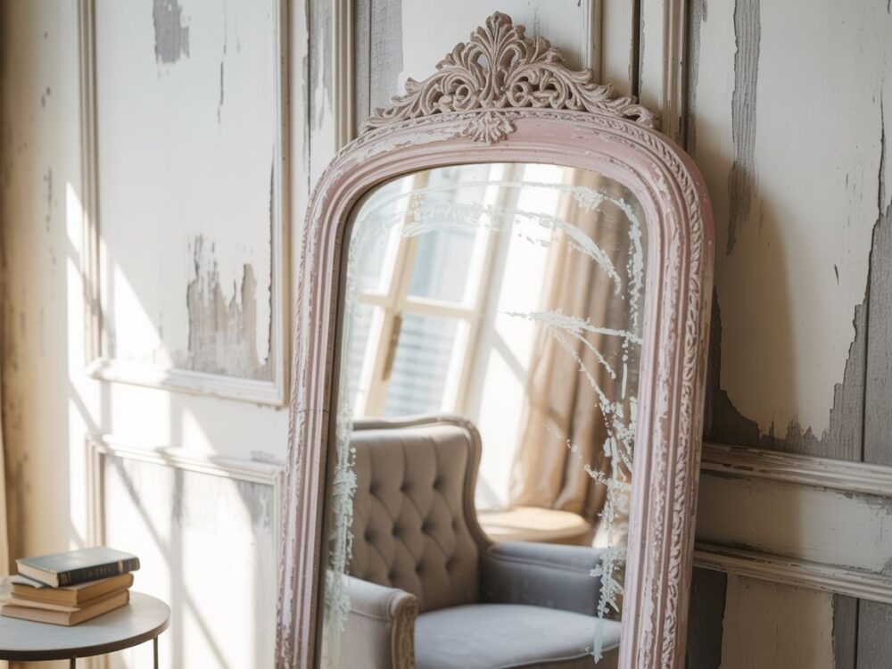 lustro na drewnianej komodzie