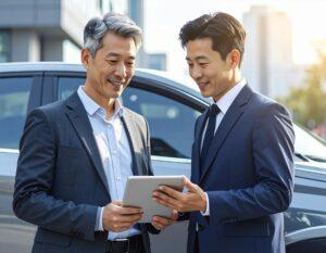 Dwóch mężczyzn dokonujących wyceny samochodu przy użyciu tabletu przed sprzedażą auta