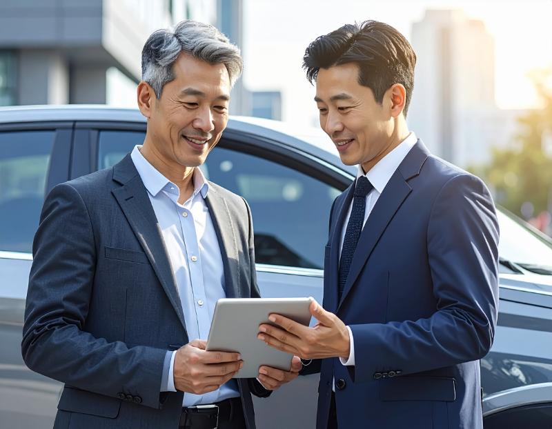 Dwóch mężczyzn dokonujących wyceny samochodu przy użyciu tabletu przed sprzedażą auta