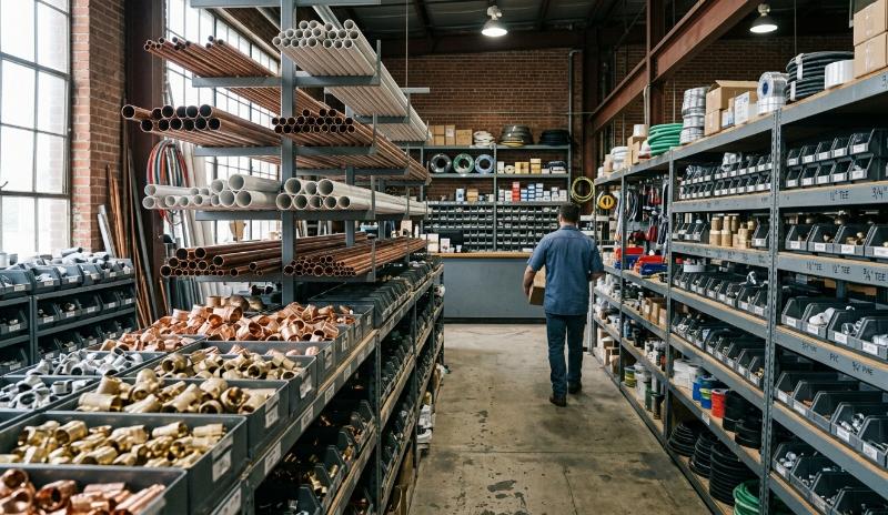 Instalator przeglądający asortyment w hurtowni z materiałami insta